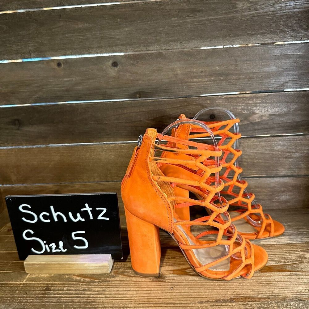 New Womens Schutz Julianna Orange Suede Gladiator Block Heels Sandals Size 5 B‎